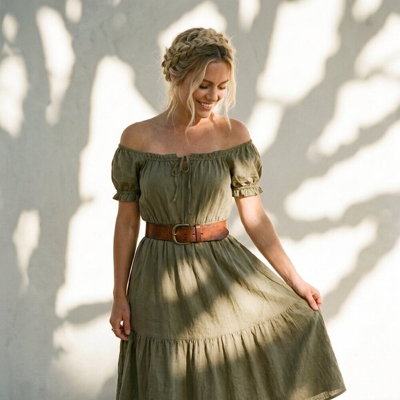 JUST FOUND Olive Green Midi Dress - Boho DÔEN Style L (Fits M) - Picture 4 of 7